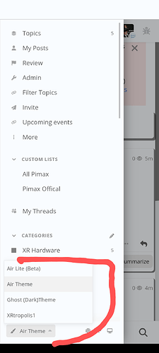 A screenshot shows a menu with options for topics, posts, reviews, admin functions, and custom lists within a Pimax XR hardware category. (Captioned by AI)