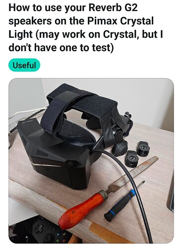 A how-to guide shows a disassembled Pimax Crystal Light VR headset with Reverb G2 speakers and tools for installation. (Captioned by AI)