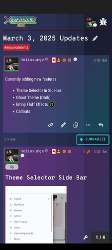 A screenshot shows March 3, 2025 updates to the Xtropolis One platform, including a new theme selector, dark mode, emoji effects, and callouts. (Captioned by AI)
