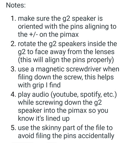 Here's a one-sentence caption for the image: This image contains a five-step guide on how to properly install g2 speakers into a Pimax headset. (Captioned by AI)