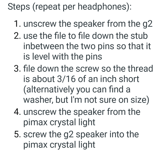 This image contains a five-step instruction guide on how to replace the speakers in Pimax Crystal Light VR headset with those from a g2 headset. (Captioned by AI)