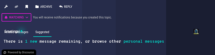 A dark-themed interface shows a notification that one new personal message is available, with options to view it or browse other messages. (Captioned by AI)