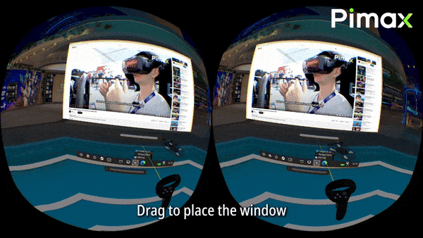 A virtual reality headset user is shown on a laptop screen within a virtual reality environment, with instructions to drag to place the window. (Captioned by AI)